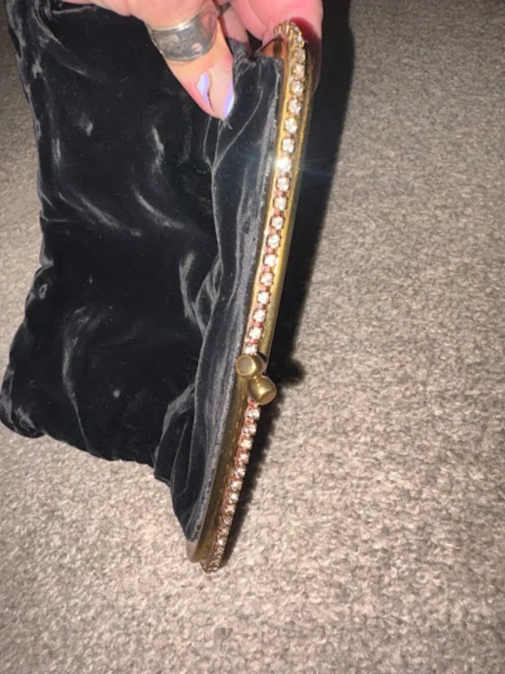 Vintage Garay Black Velvet Folding Clutch Purse, Kiss Lock Rhinestone Trim